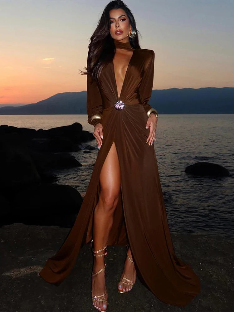 High Split Deep V-Neck Maxi Dress with Metal Accents VestiVogue