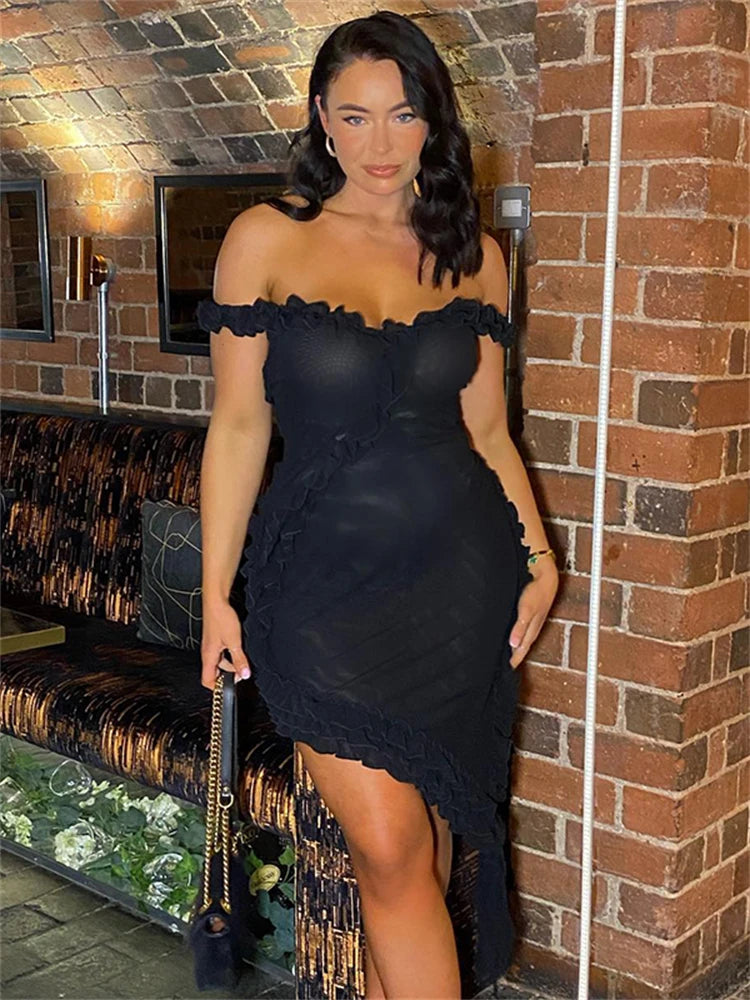 Elegant Mesh Mini Dress with Slash Neck and Crossed Hip Design VestiVogue