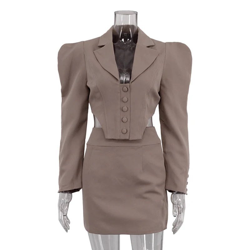 Mini Skirt Suit with Long Sleeve Lapel Top and Bodycon Fit VestiVogue