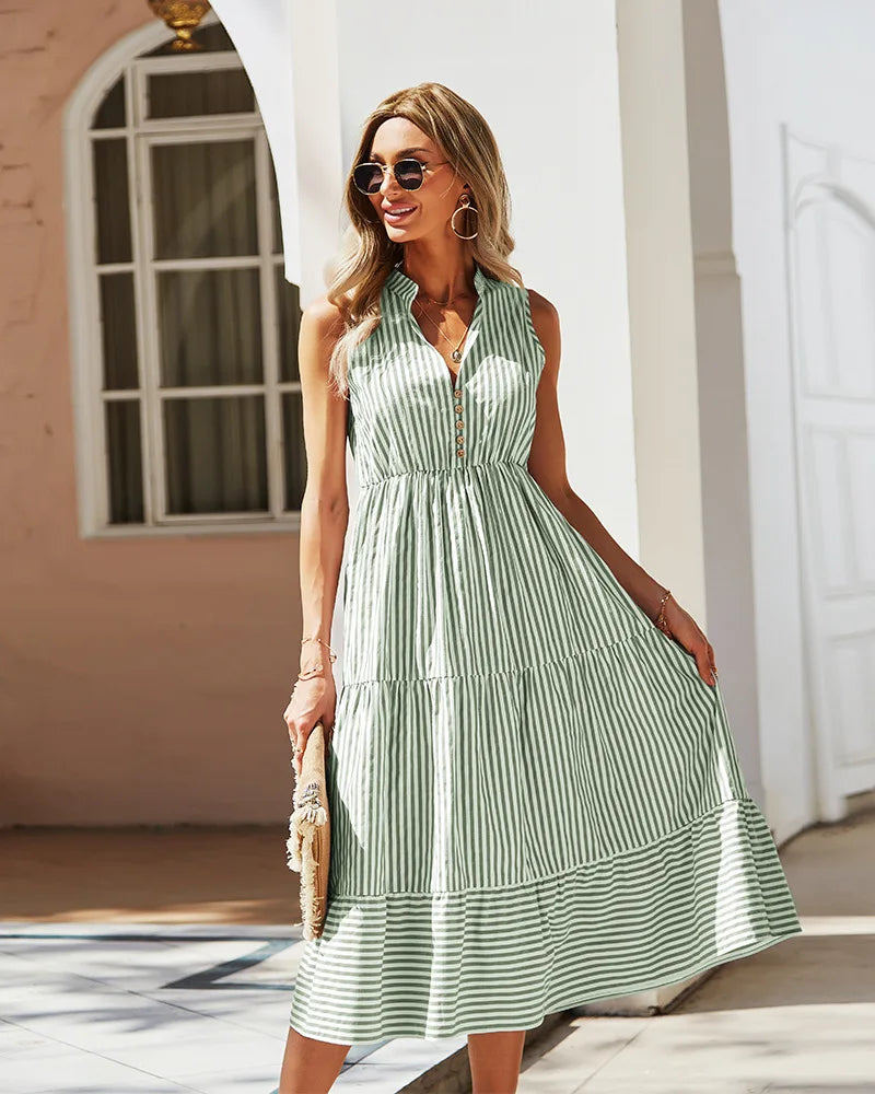 Sleeveless Striped A-Line Dress with Empire Waist VestiVogue