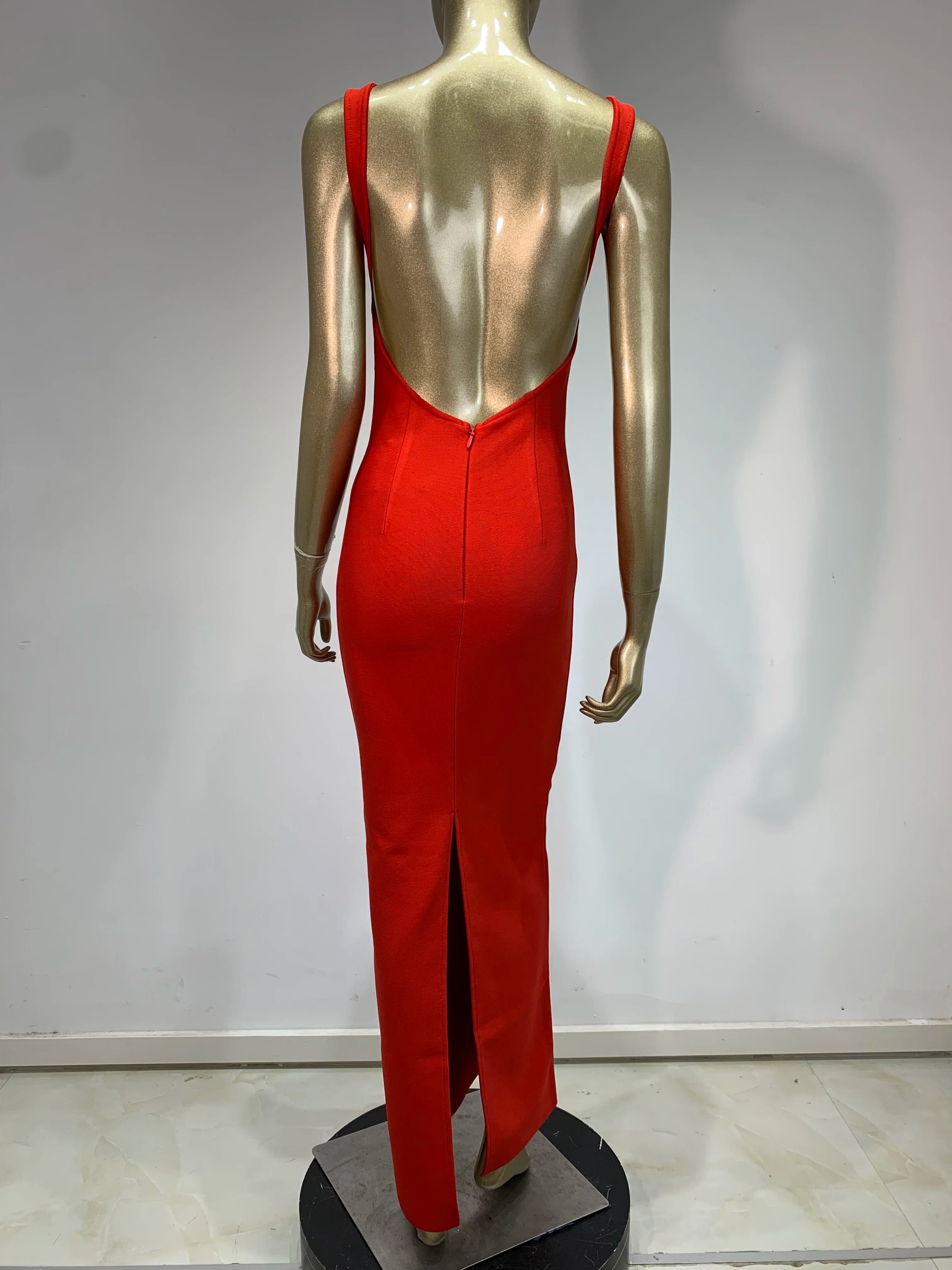 Elegant Backless Red Maxi Dress with V-Neck and Spaghetti Straps VestiVogue