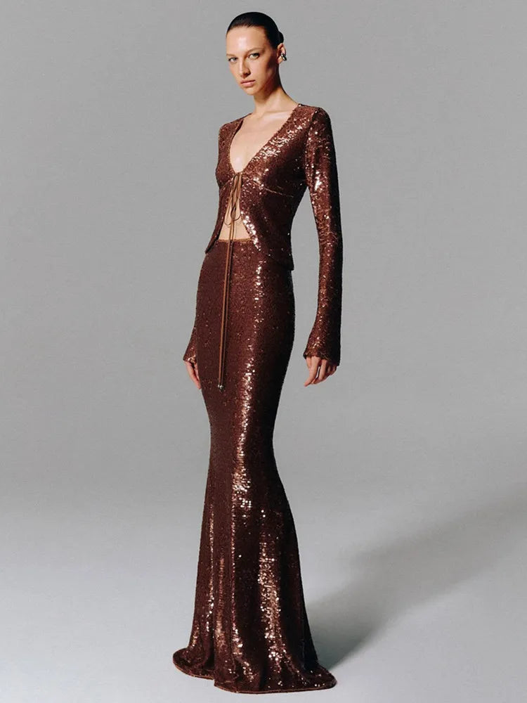 Chic Brown Beige Mesh Sequins Two-Piece Skirt Set VestiVogue Chocolate L