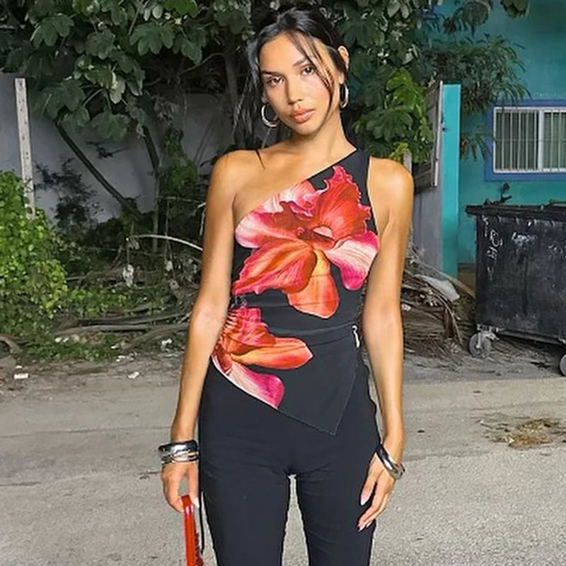 Floral Print Sleeveless Slant Shoulder Tank Top with Drawstring Detail VestiVogue