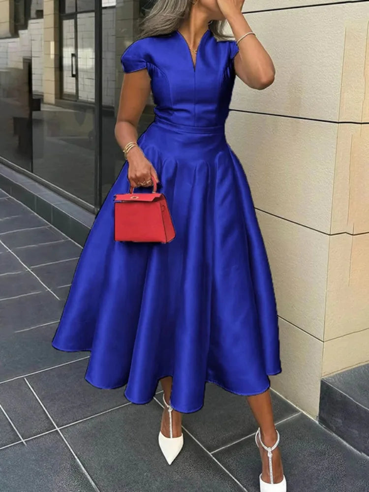 Elegant V-Neck Cap Sleeve A-Line Midi Dress with High Waist Pleats VestiVogue Blue M