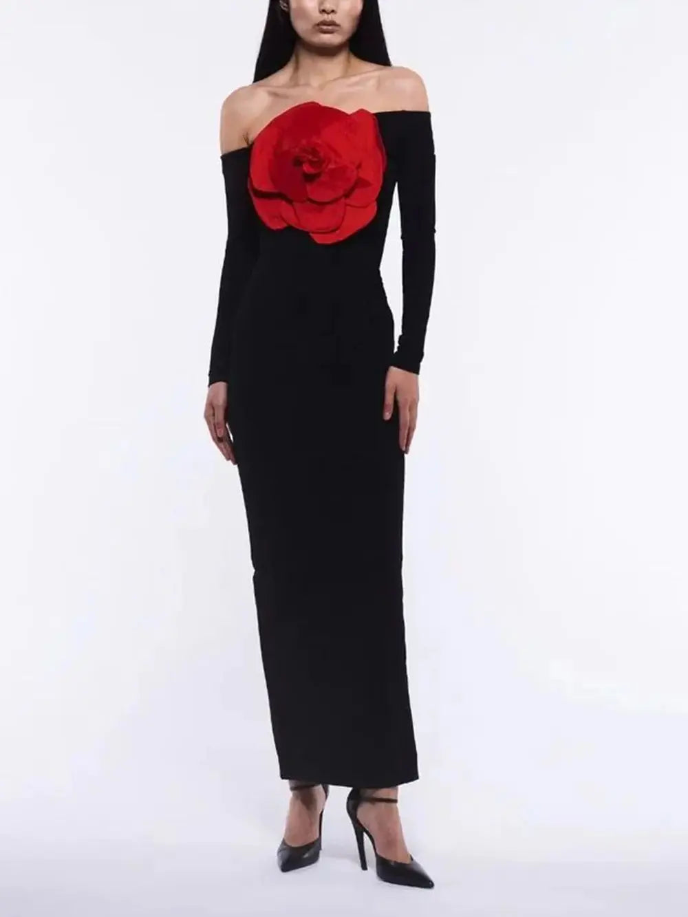 Off-Shoulder Black Cotton Long Gown VestiVogue black L