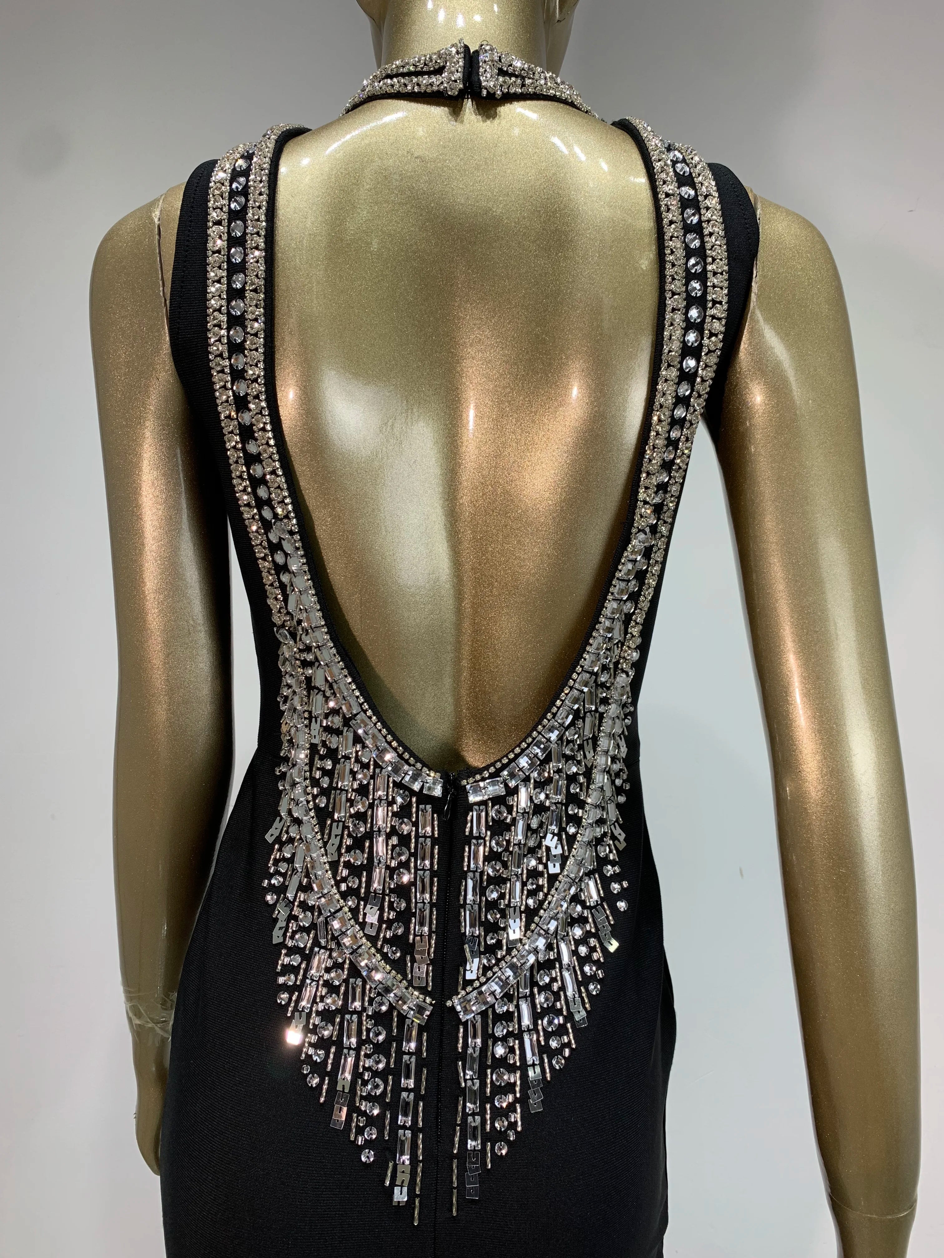 Elegant Black Beaded Bodycon Maxi Dress VestiVogue