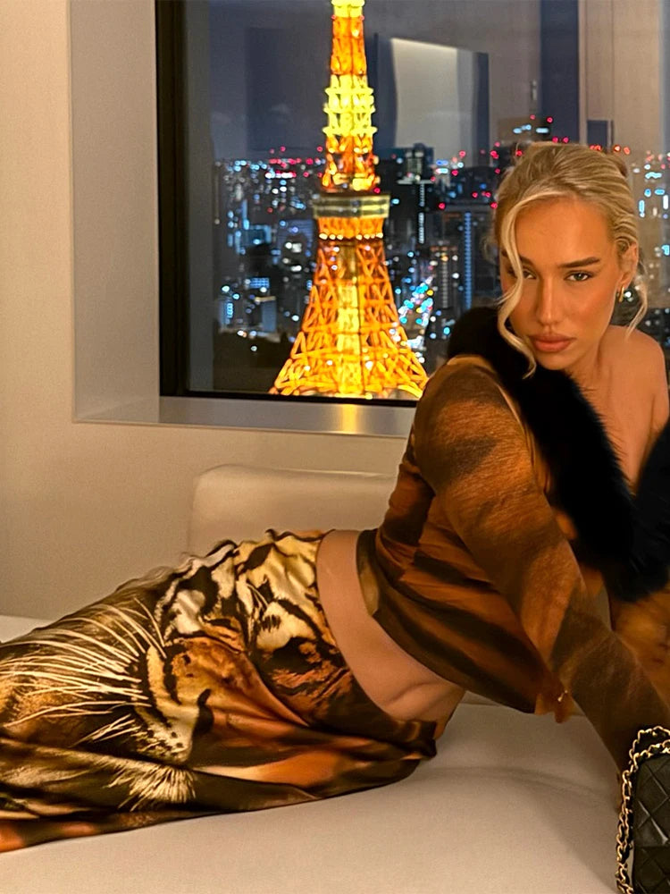 Tiger Print Furry Patchwork 2-Piece Set with Crop Top and Ankle-Length Bottoms VestiVogue