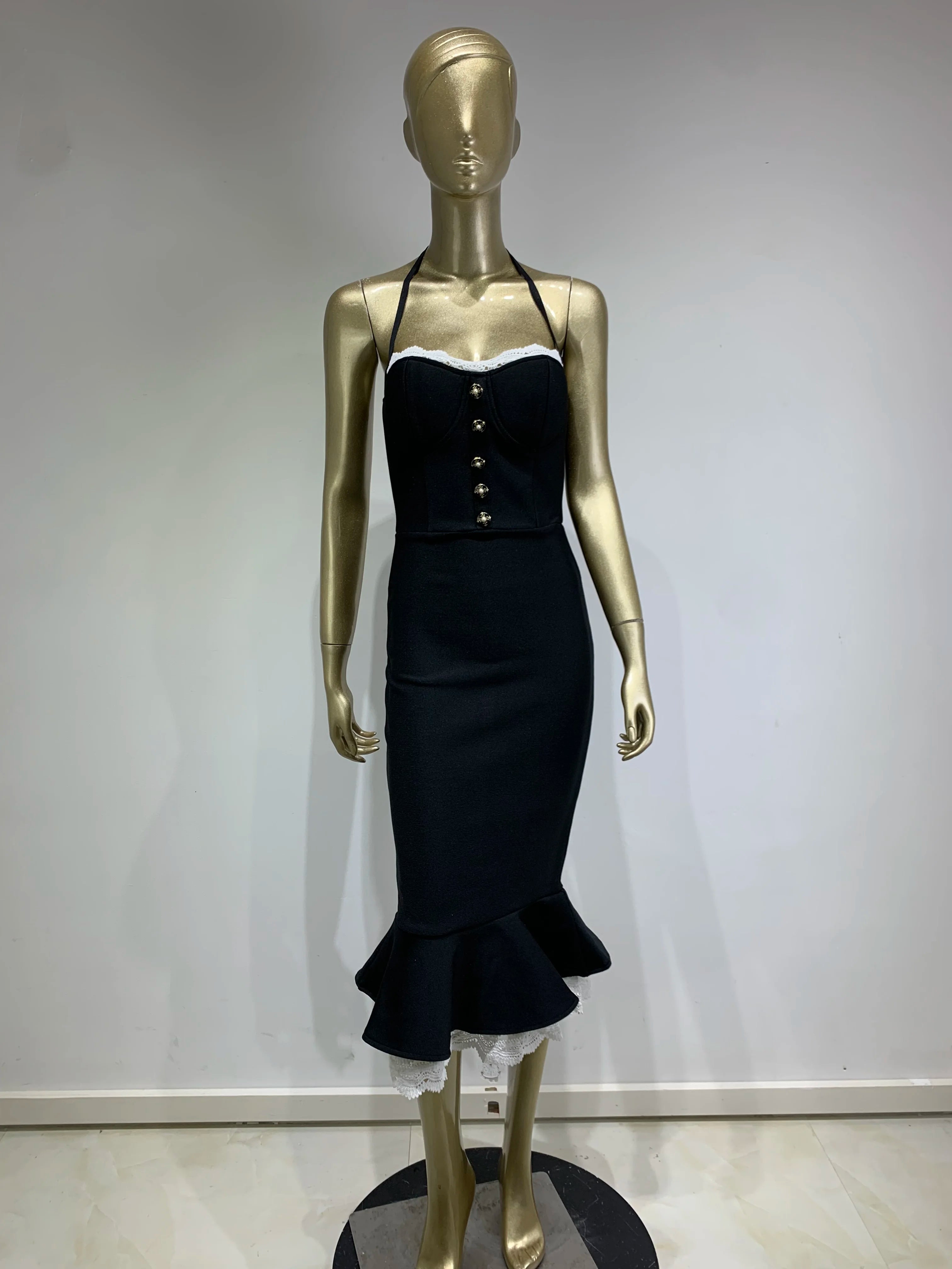 Elegant Backless Black Mermaid Midi Dress VestiVogue