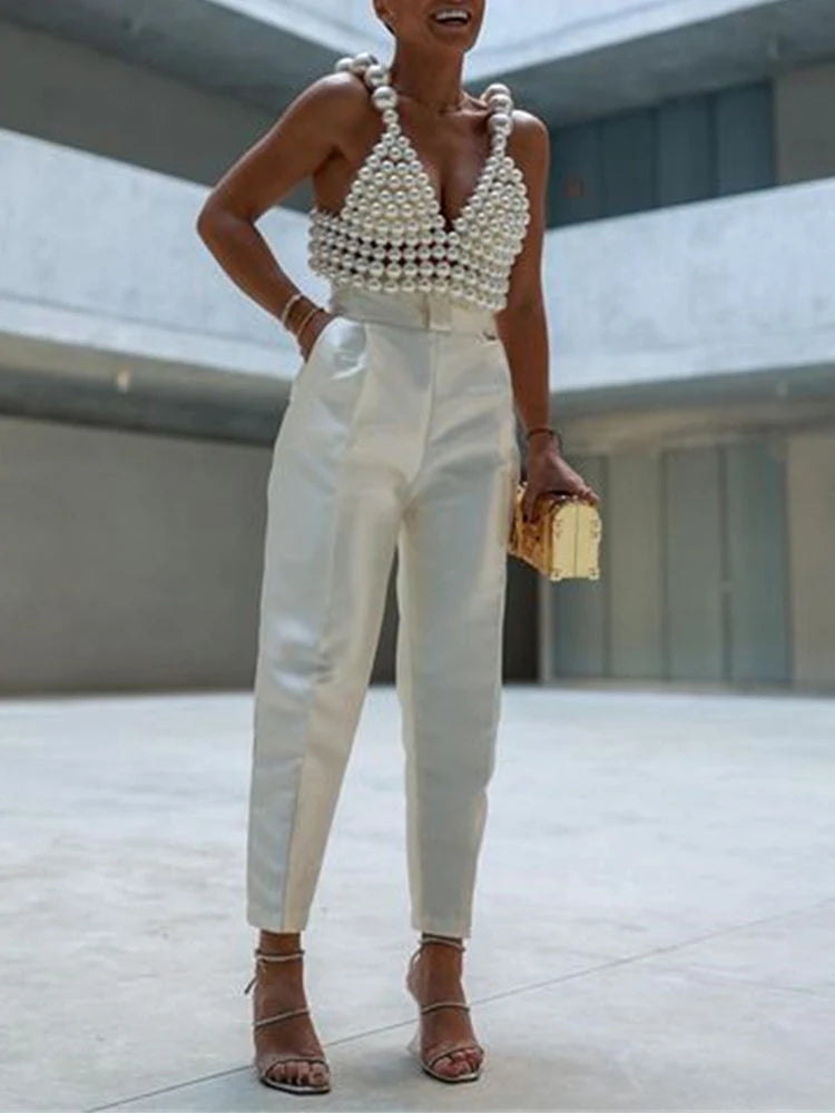 Elegant Backless V Neck Pearls Crop Top VestiVogue