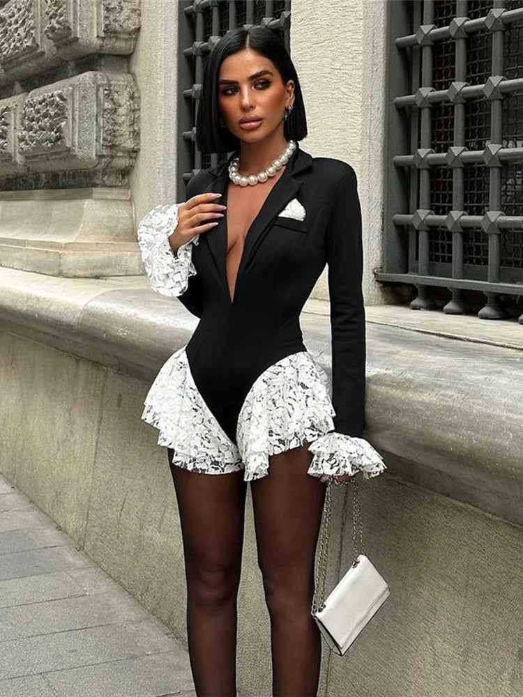 Ruffle Tiered Bodysuit with Deep V-Neck and Full Sleeves VestiVogue black S