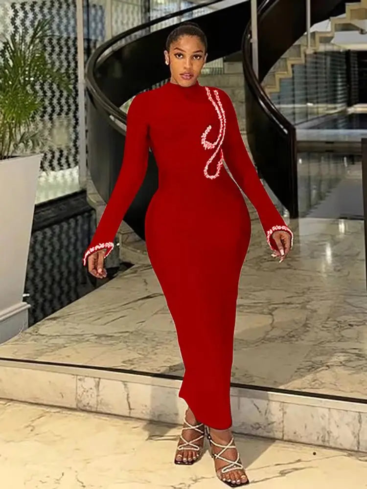 Sexy Crystal Beaded Ankle-Length Bandage Dress VestiVogue Red XL