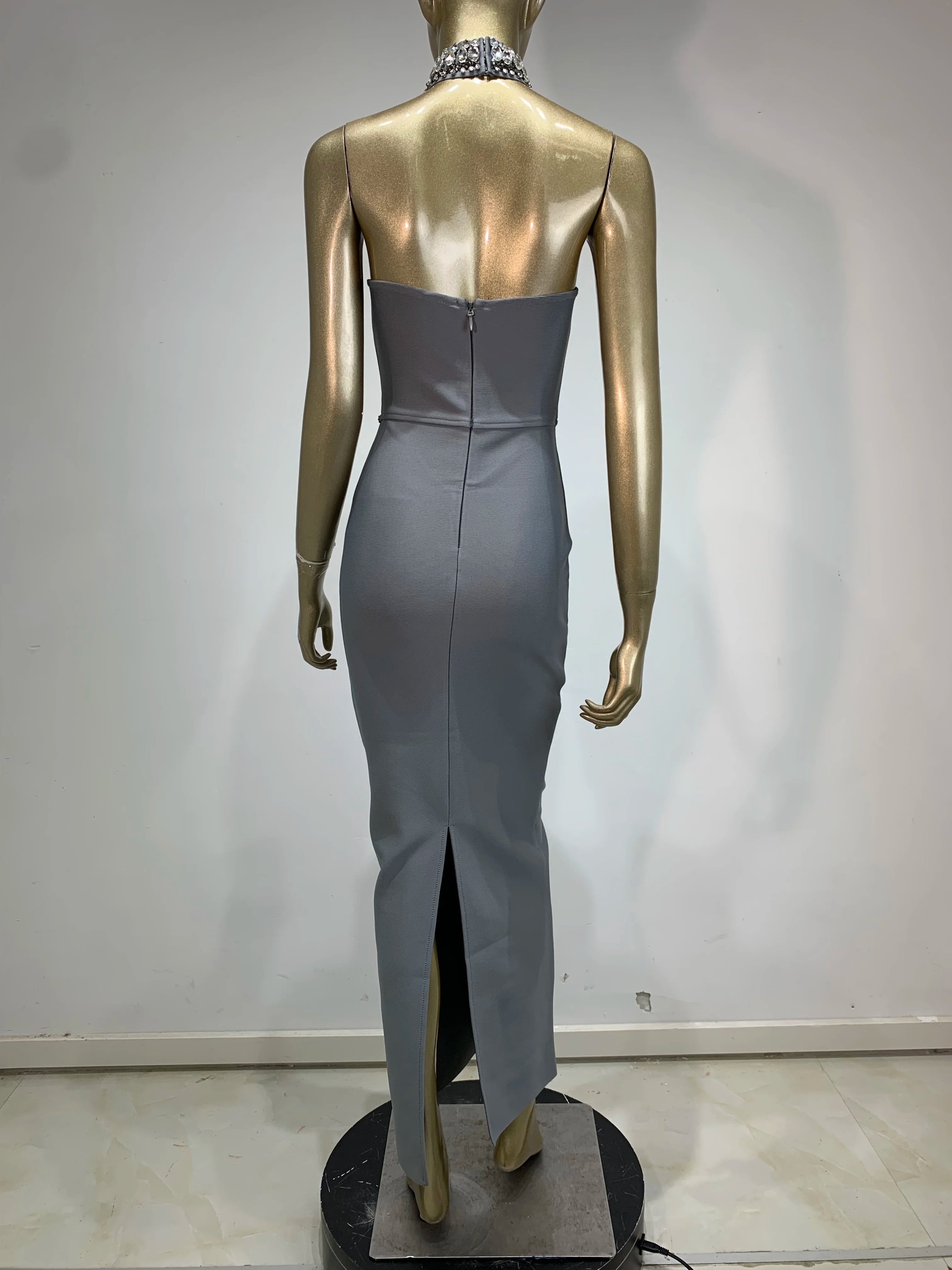 Beaded Grey Strapless Maxi Bodycon Dress VestiVogue