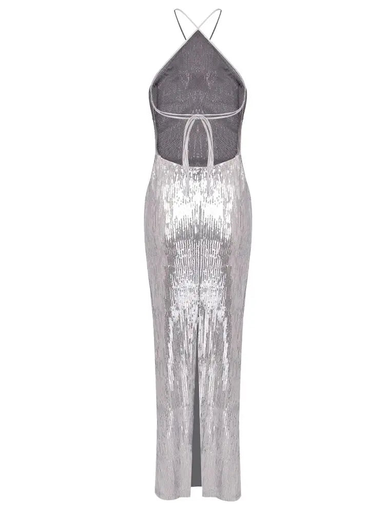 Sparkly Silver Bodycon Halter Dress VestiVogue