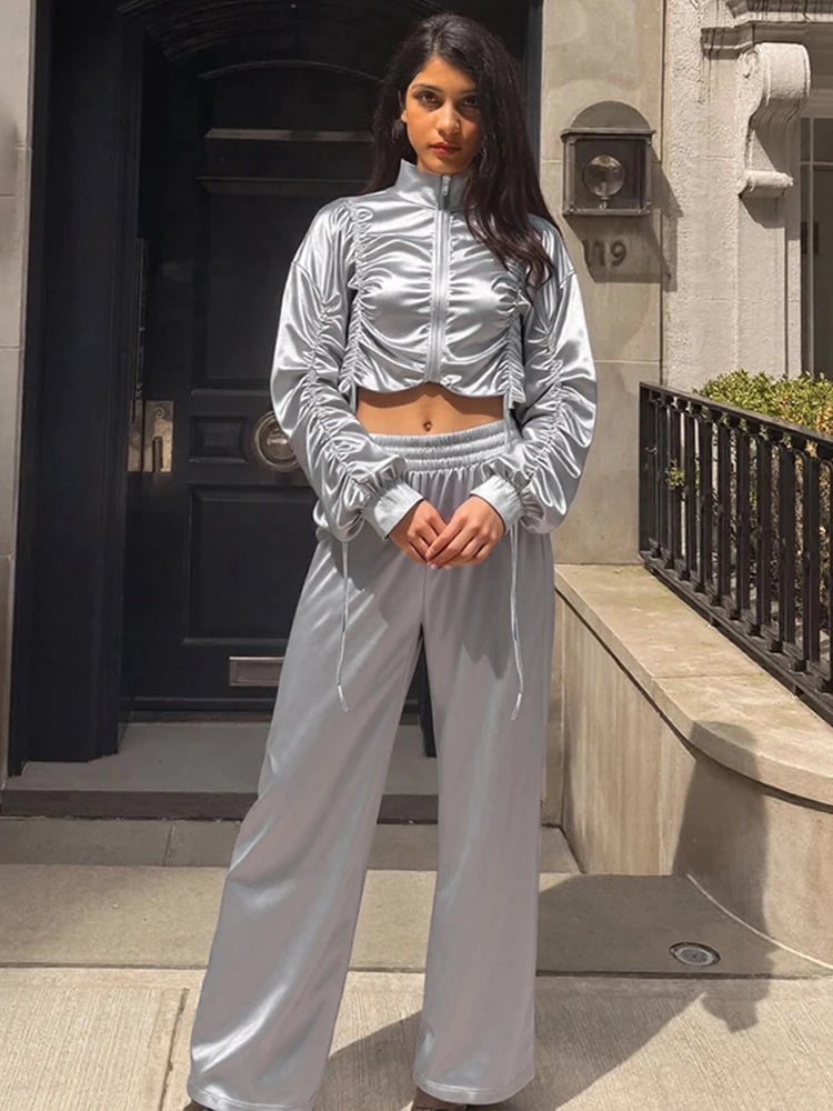 Satin Ruched Zip Crop Jacket & Tailored Pants Set VestiVogue
