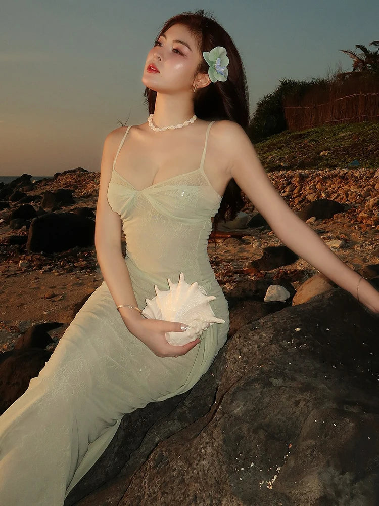 3D Floral Ruched Backless Long Dress VestiVogue green L