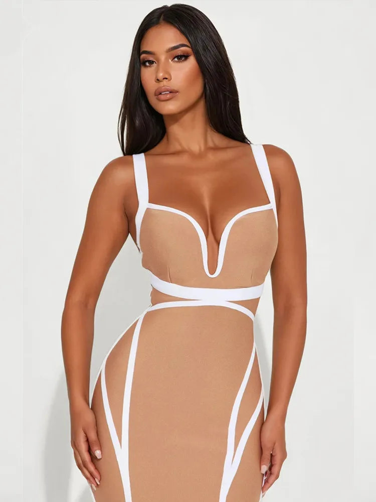 Beige V Neck Midi Bodycon Dress with Patchwork Design VestiVogue