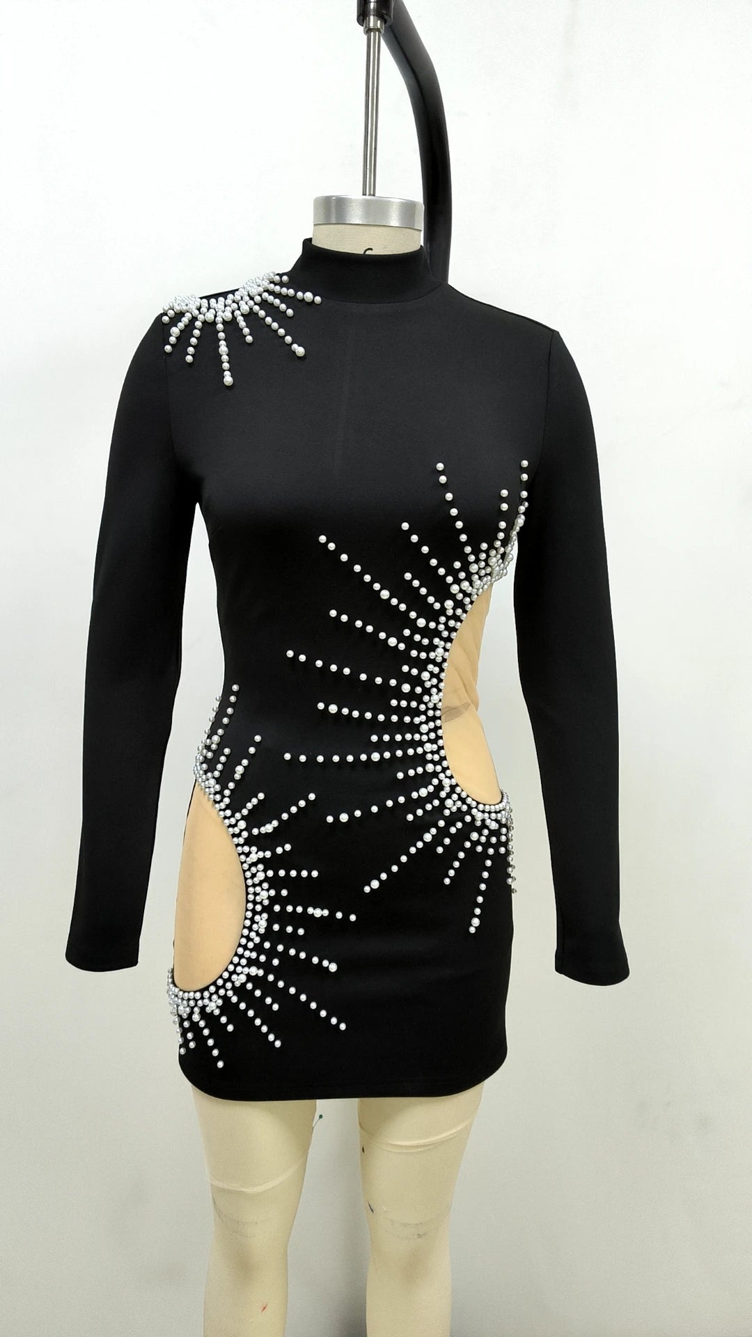 Elegant Black Turtleneck Pearl Embroidery Bodycon Dress VestiVogue  