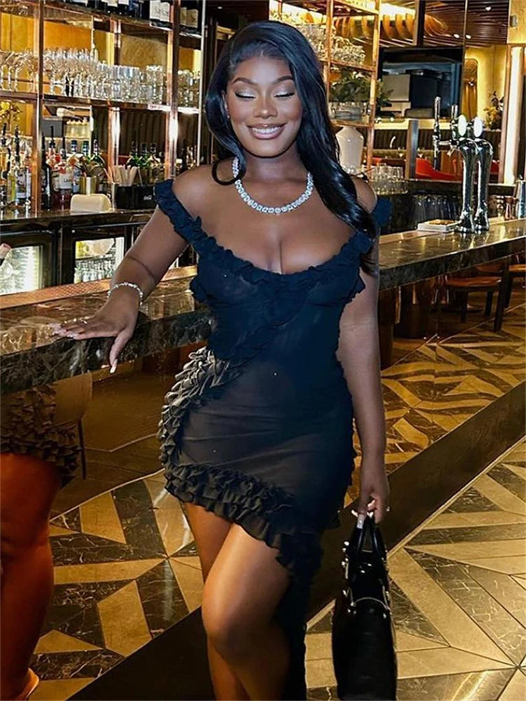 Elegant Mesh Mini Dress with Slash Neck and Crossed Hip Design VestiVogue