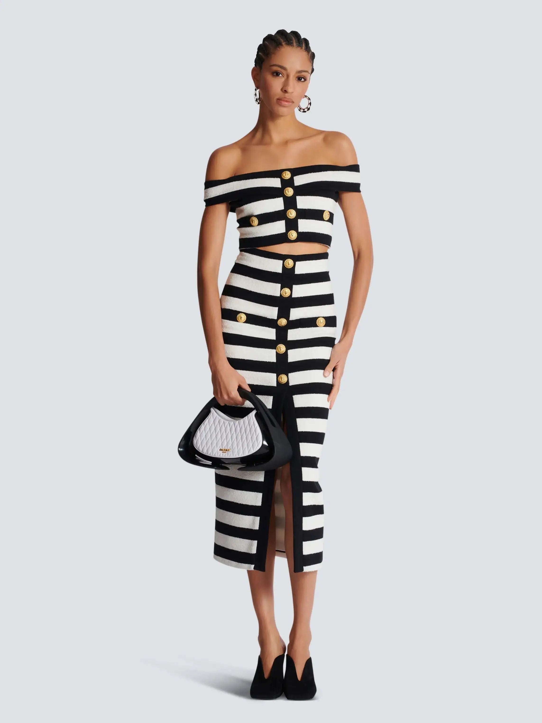 Sexy Striped Jacquard Bandage Skirt Suit VestiVogue black L