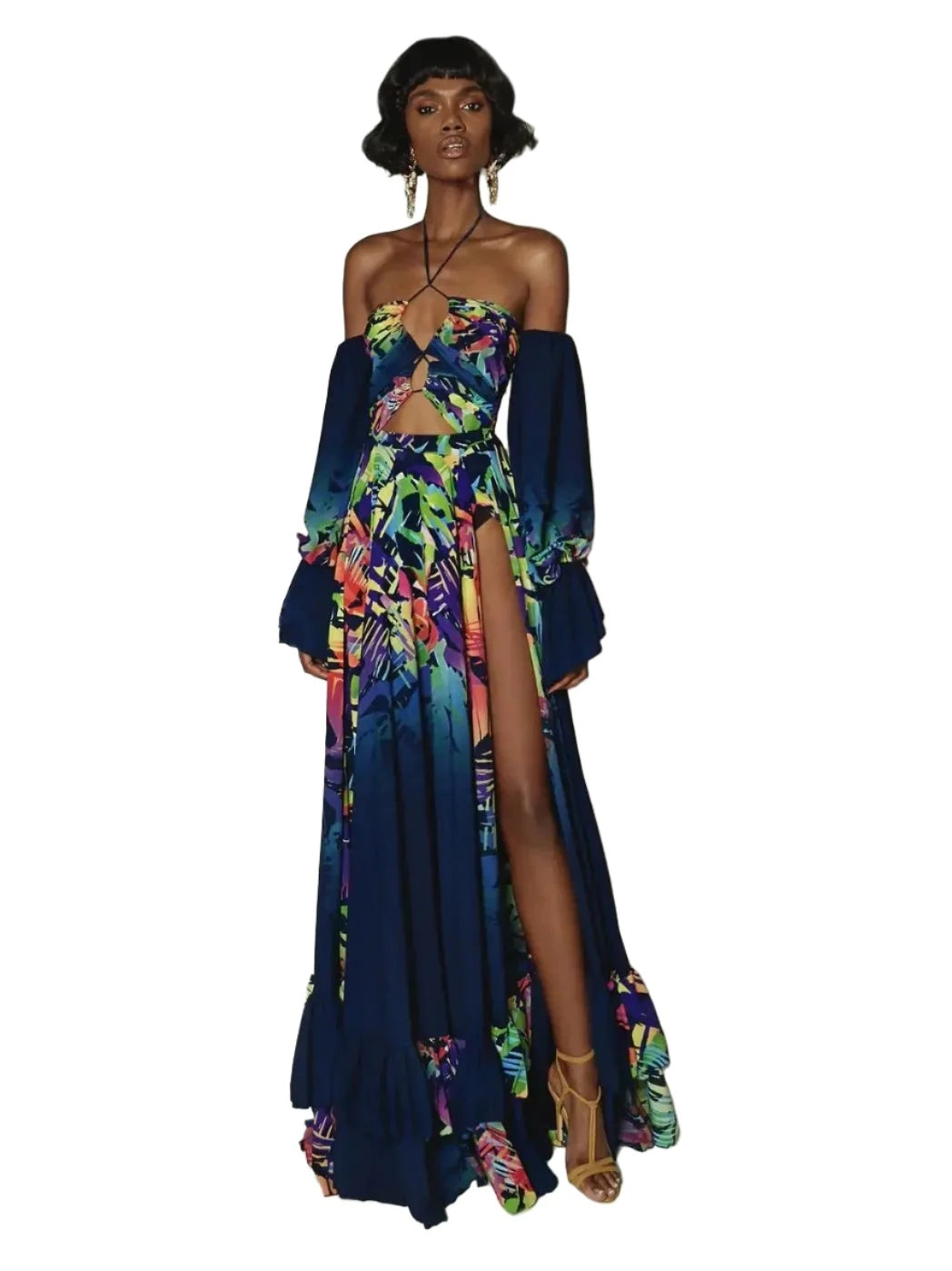 Off Shoulder Retro Print Floral Maxi Dress with split VestiVogue  