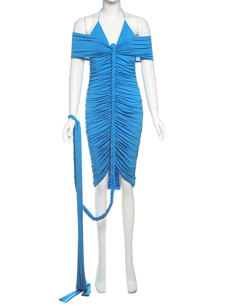 Halter Ruched Summer Dress with Plait Hand Strap VestiVogue