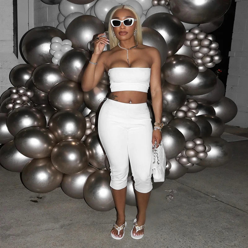 Strapless Pullover Crop Top and Elastic Waist Open Seven Pants Set VestiVogue