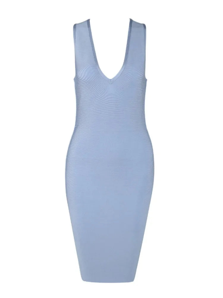 Light Blue V Neck Backless Bandage Dress VestiVogue  