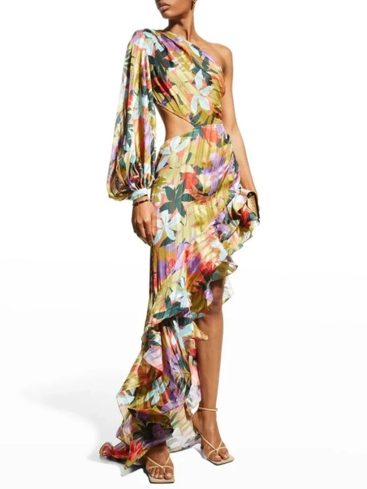 VFloral One Shoulder Split Maxi Dress VestiVogue  