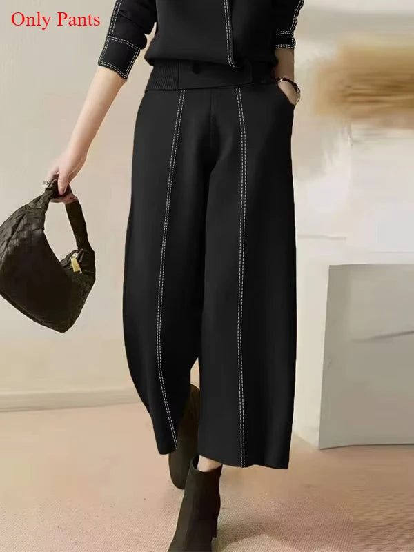 Chic Stand Collar Top & High Waist Wide Leg Pants Ensemble VestiVogue Just Pants M