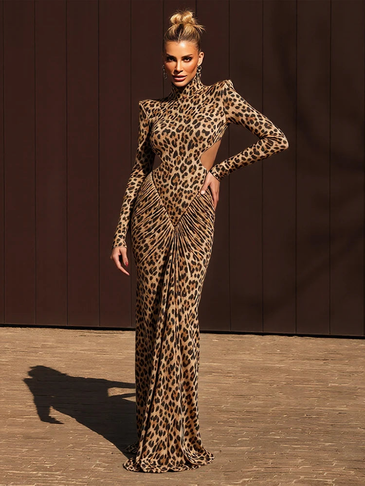 Leopard Print Turtleneck Backless Long Dress VestiVogue Brown S