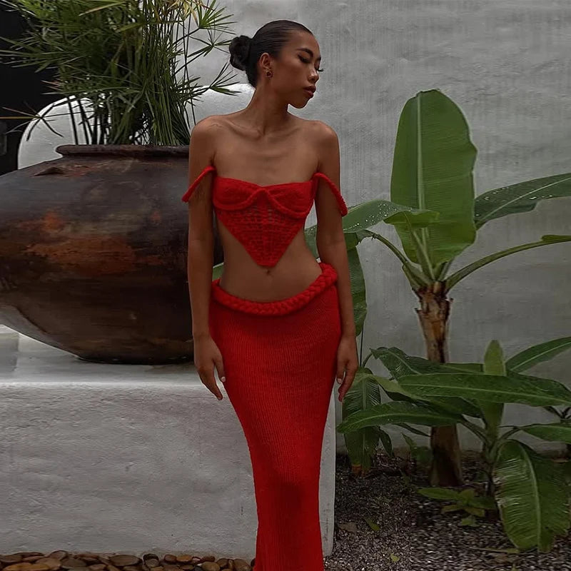 Knitted Sling Top & High-Waist Skirt Set VestiVogue Red L