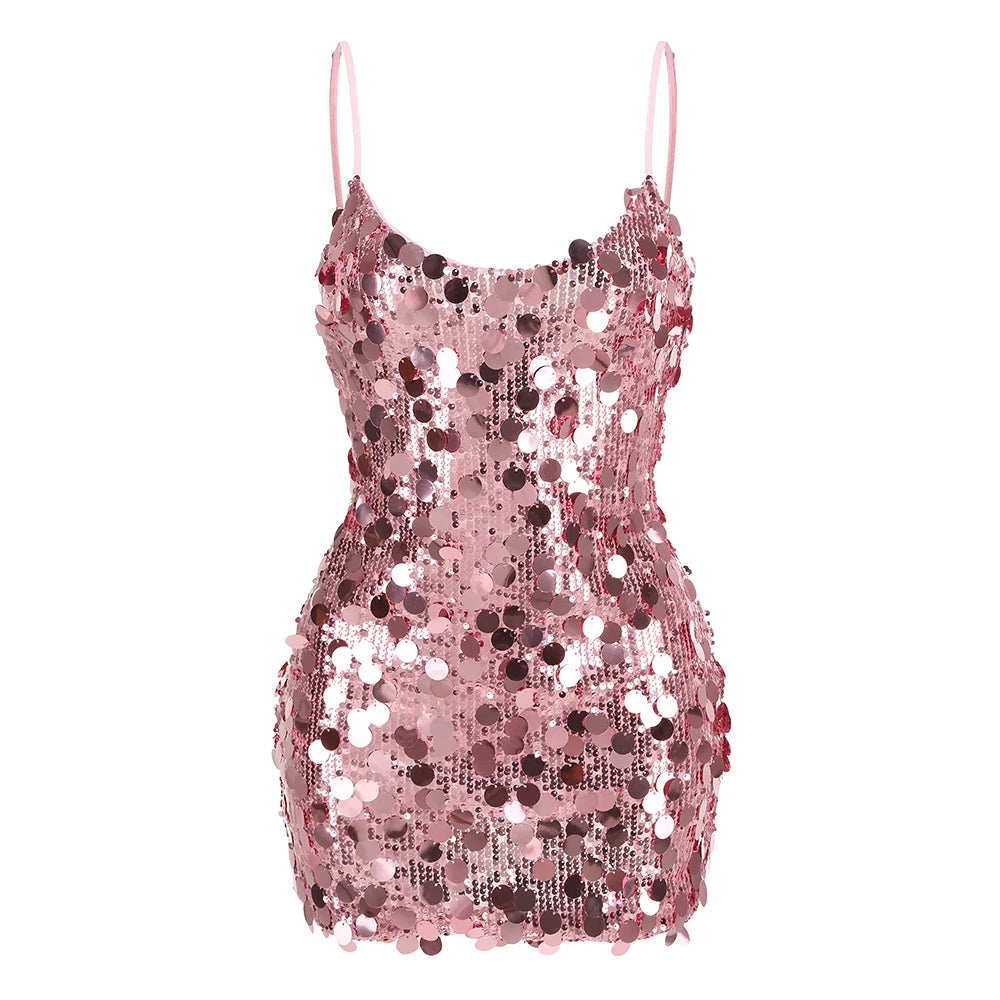 Sequin Pink Spaghetti Strap Mini Dress VestiVogue