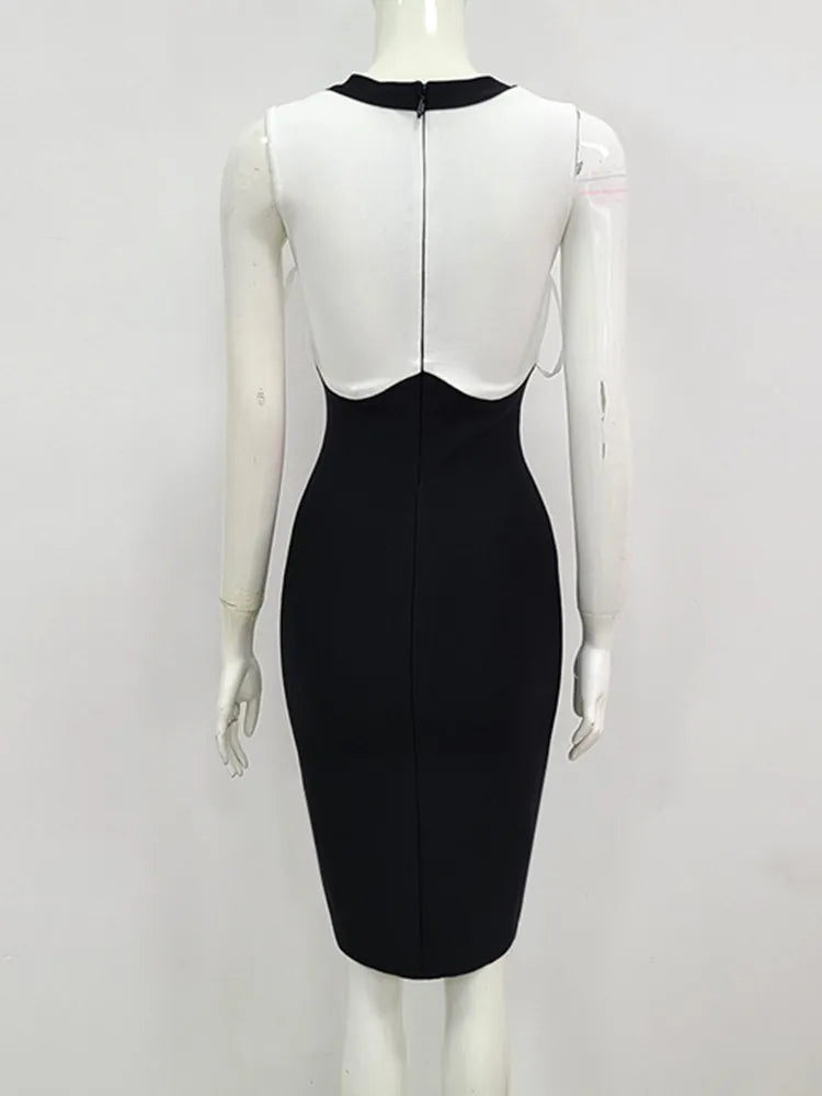 Button Detail Bodycon Dress in Black/White VestiVogue