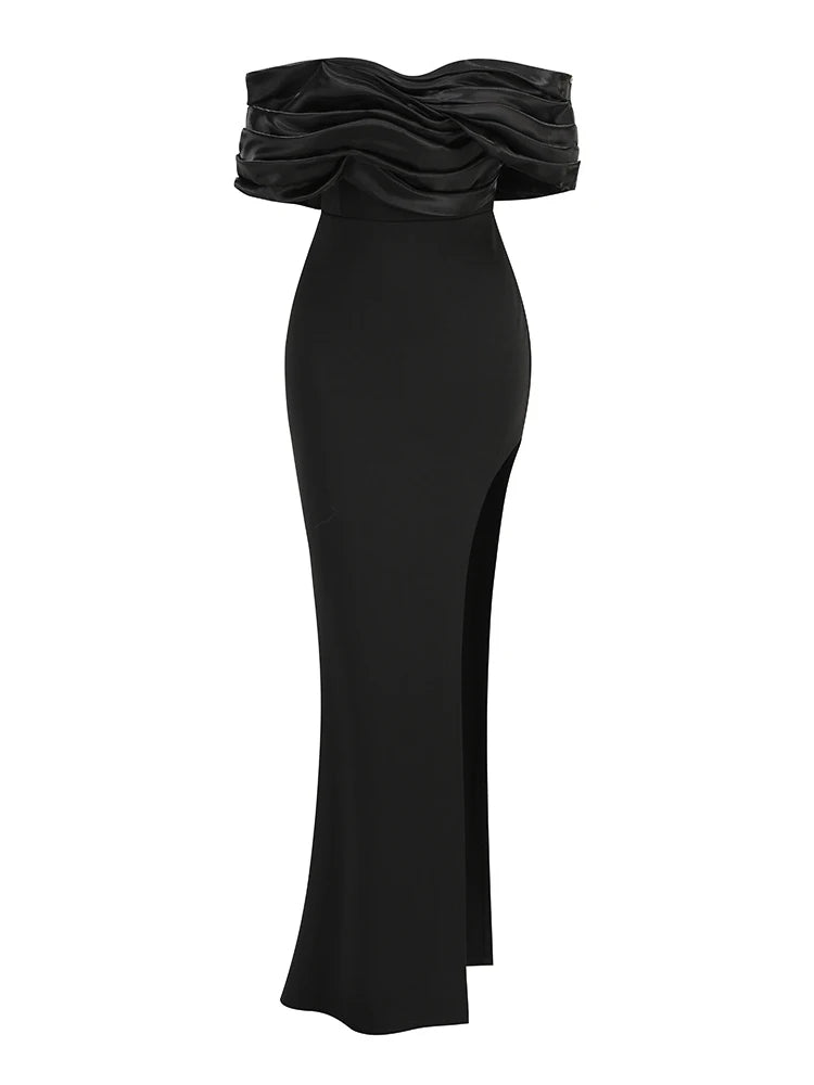 Elegant Off-Shoulder Ruched Satin Maxi Dress VestiVogue black S