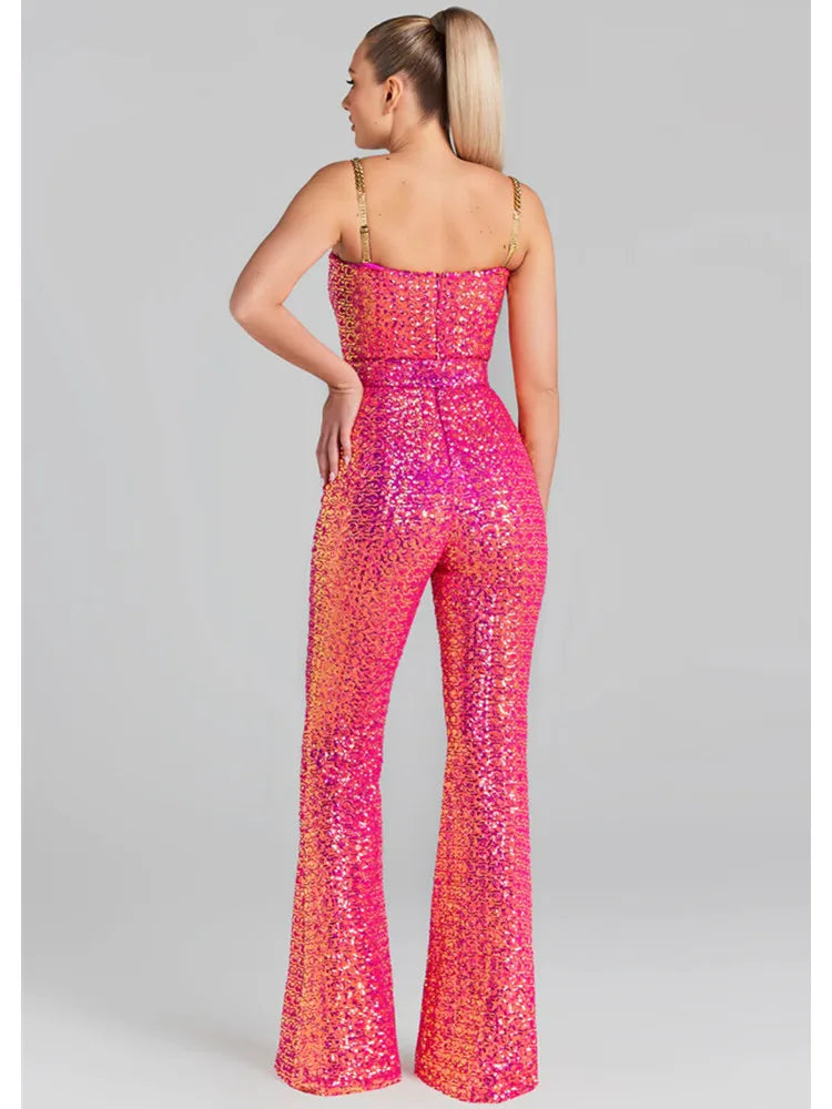 Pink Backless Sequins Bodycon Jumpsuit for Women VestiVogue  