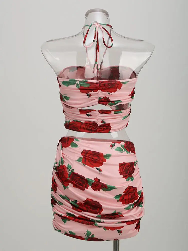 2 Pieces Set Floral Mini Bodycon Skirt Suit VestiVogue  