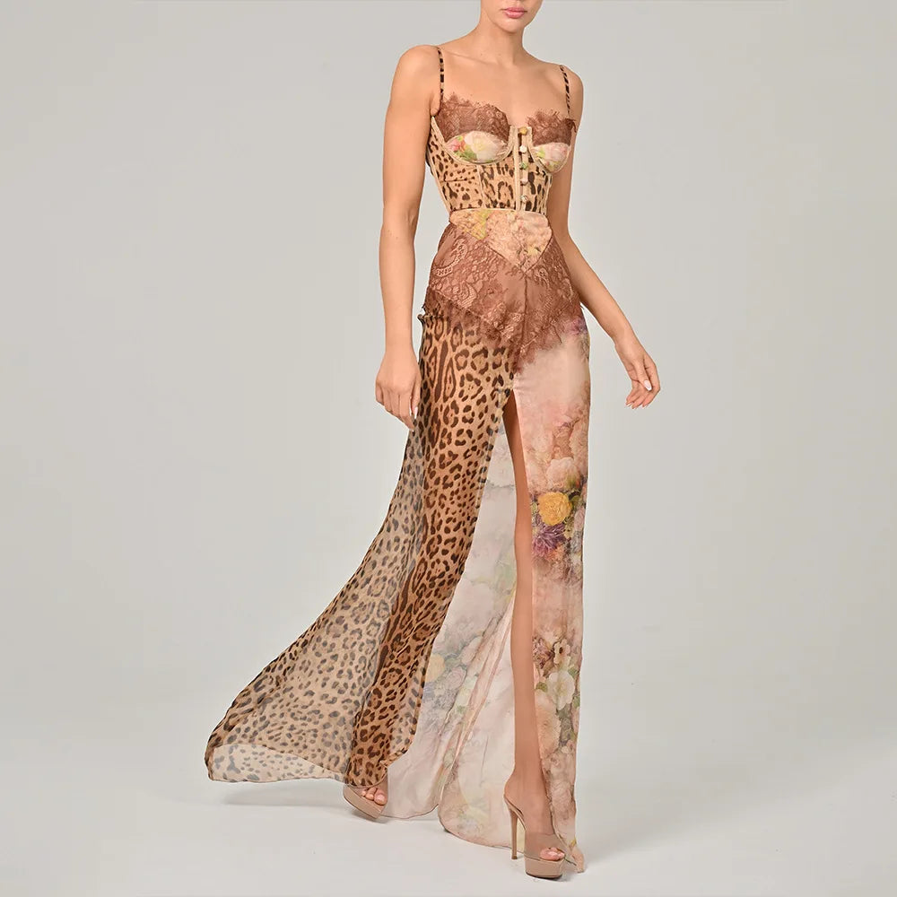 Leopard Print Sleeveless Maxi Dress with Side Slit VestiVogue Brown M