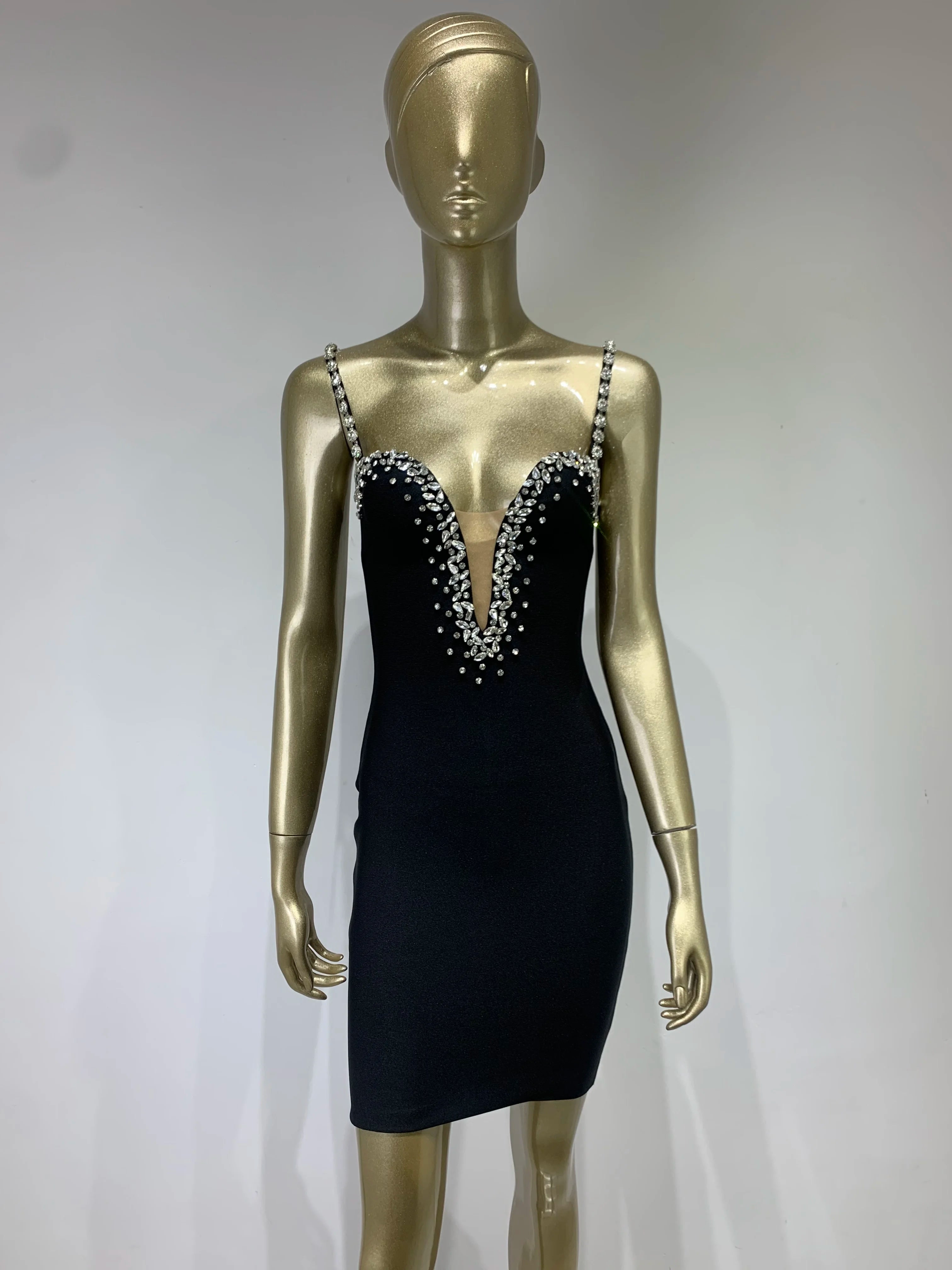 Diamond Black V-Neck Bodycon Dress VestiVogue  