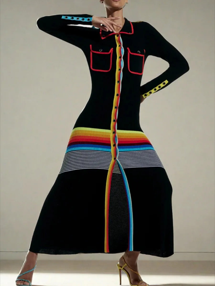 Colourful Striped Ankle-Length Skinny Dress with Lapel Neck and Pockets VestiVogue black XXL