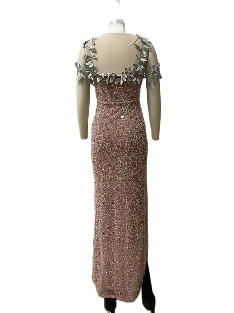 Mesh Leaf Pink Long Dress with Crystal Details for Celebrity Parties VestiVogue  