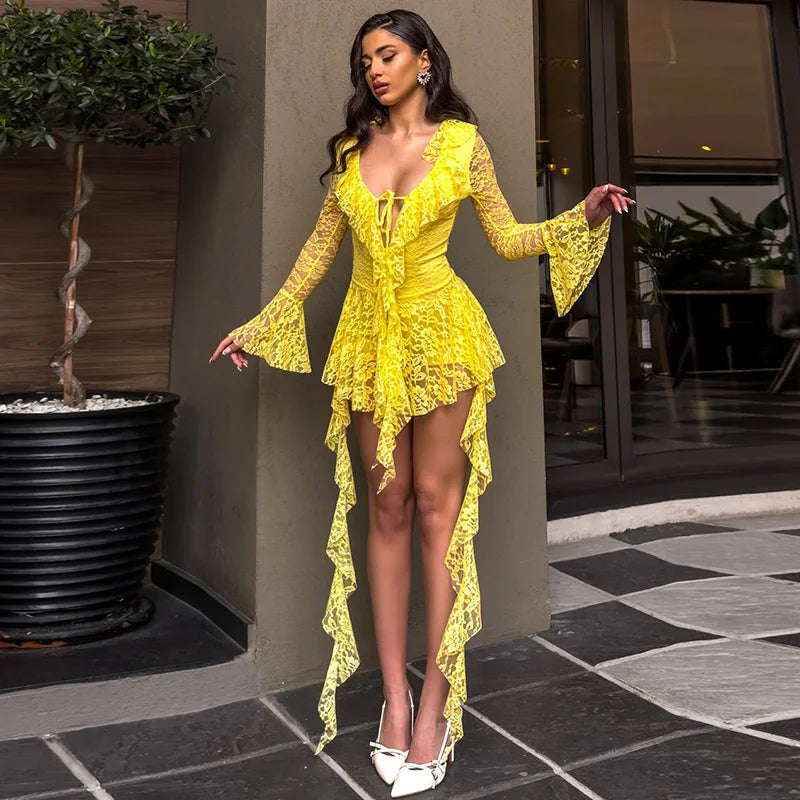 Elegant Patchwork Lace Mini Dress with Ruffle Tie & Flare Sleeves VestiVogue Yellow L