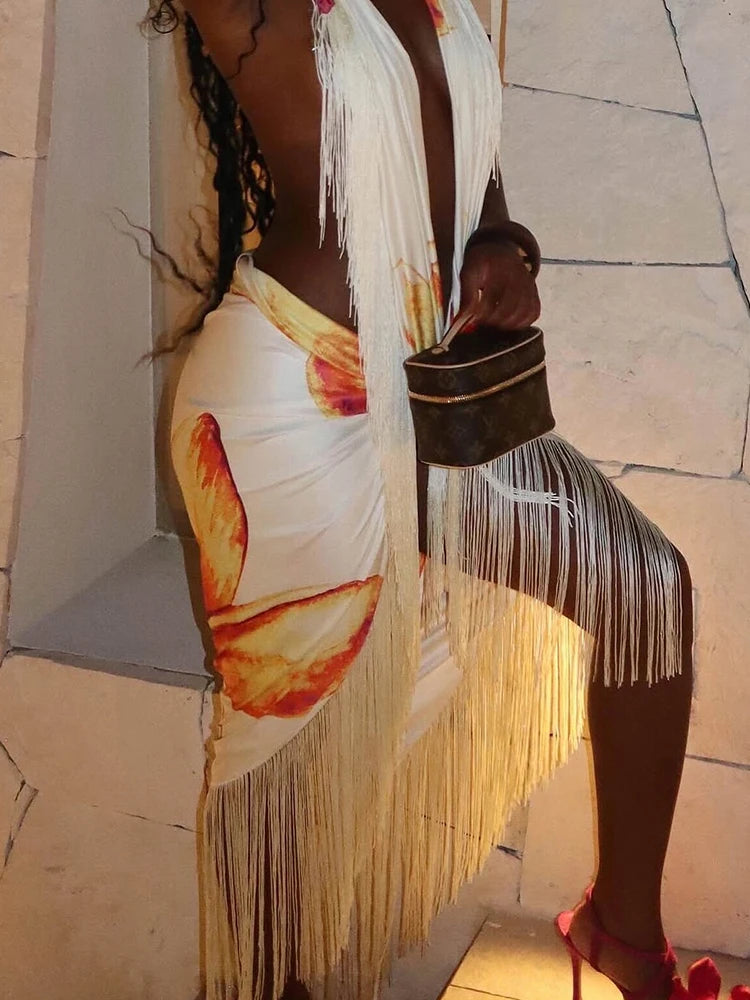 Tassel & Bow Backless Camisole with Floral Ruched Mid Skirt Set VestiVogue