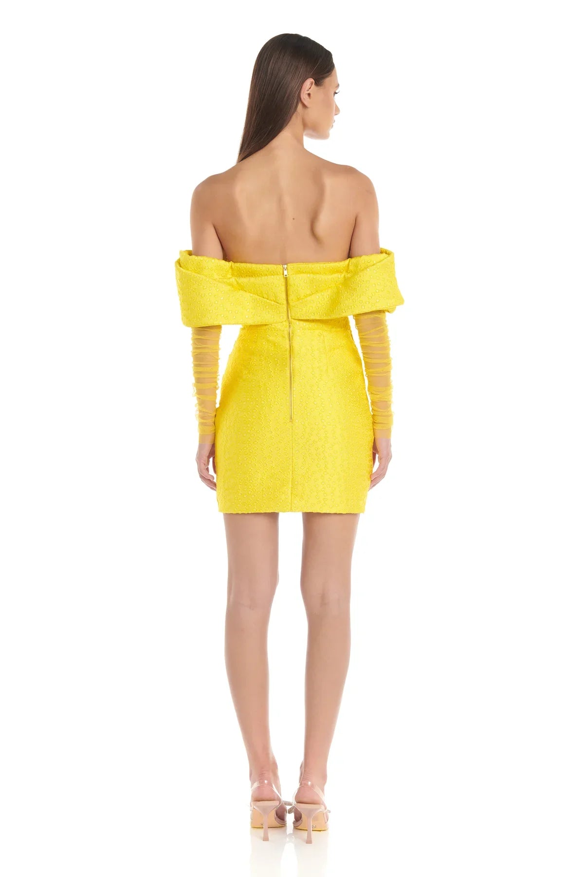 Elegant Yellow Strapless Mini Dress with Mesh Patchwork VestiVogue