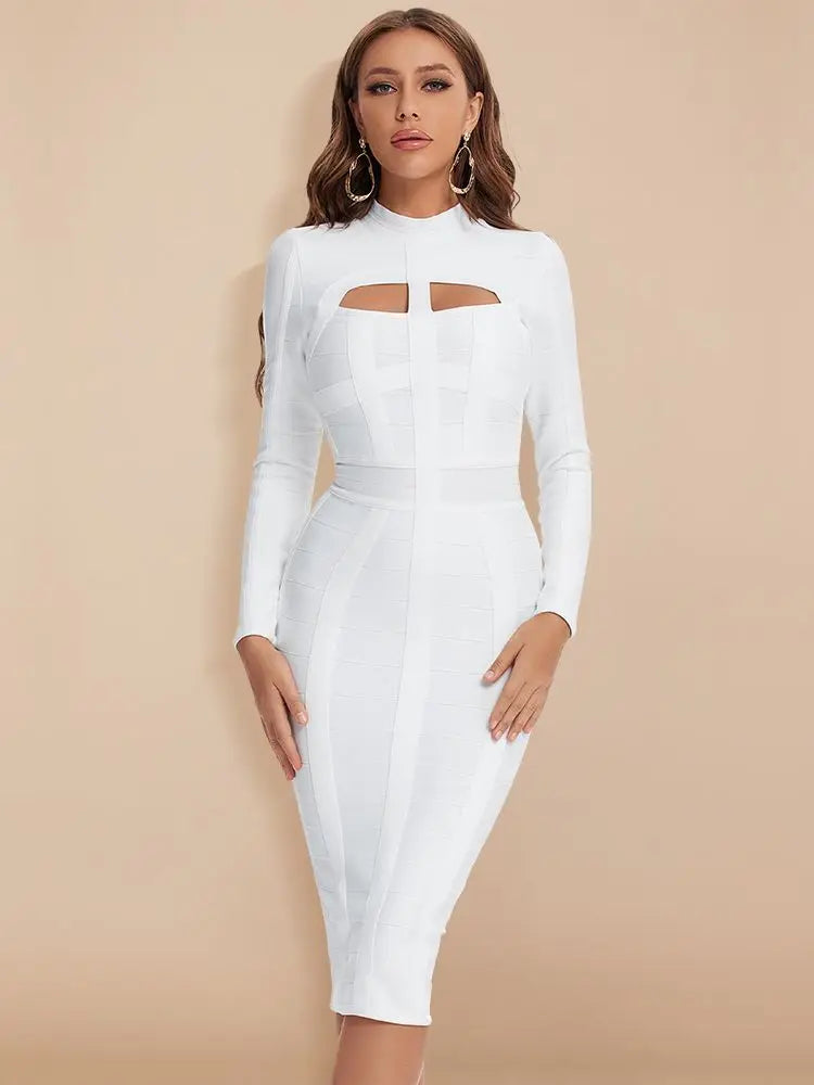 Hollow Out Long Sleeve Bodycon Dress VestiVogue WHITE XXL