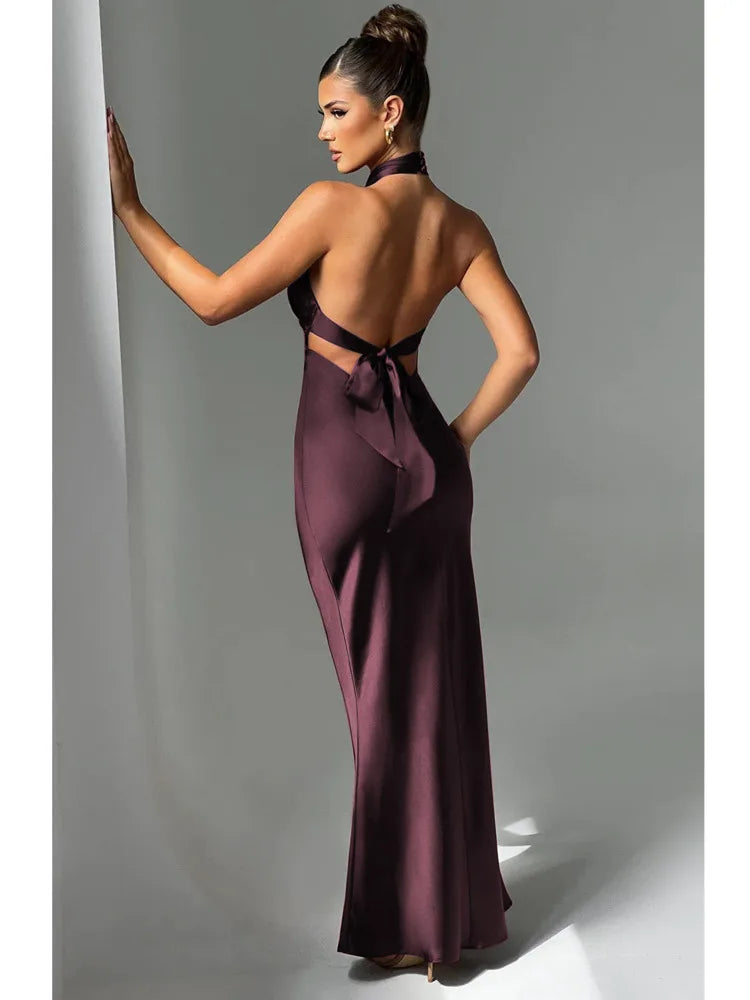 Elegant Backless Satin Maxi Dress for Women VestiVogue  