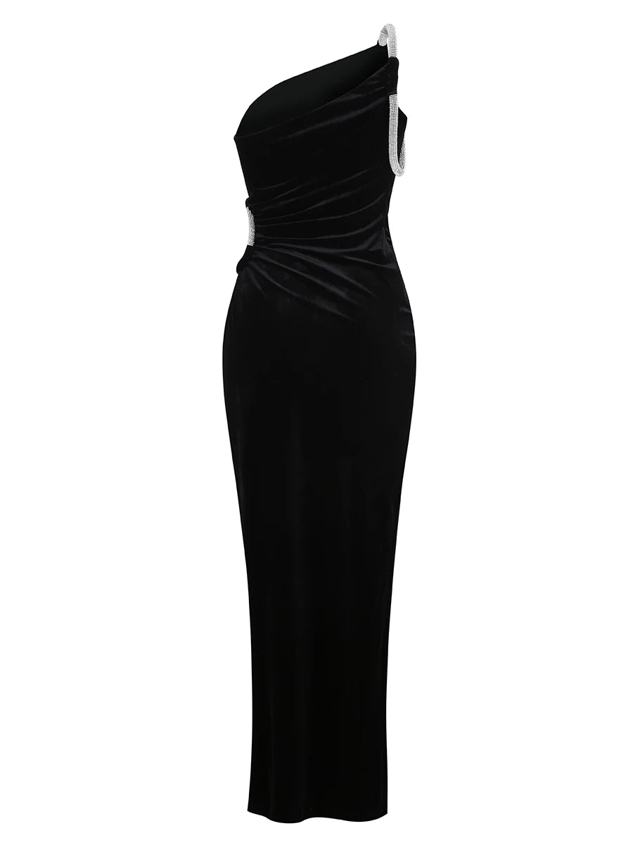 Black Velvet One Shoulder Bodycon Dress VestiVogue