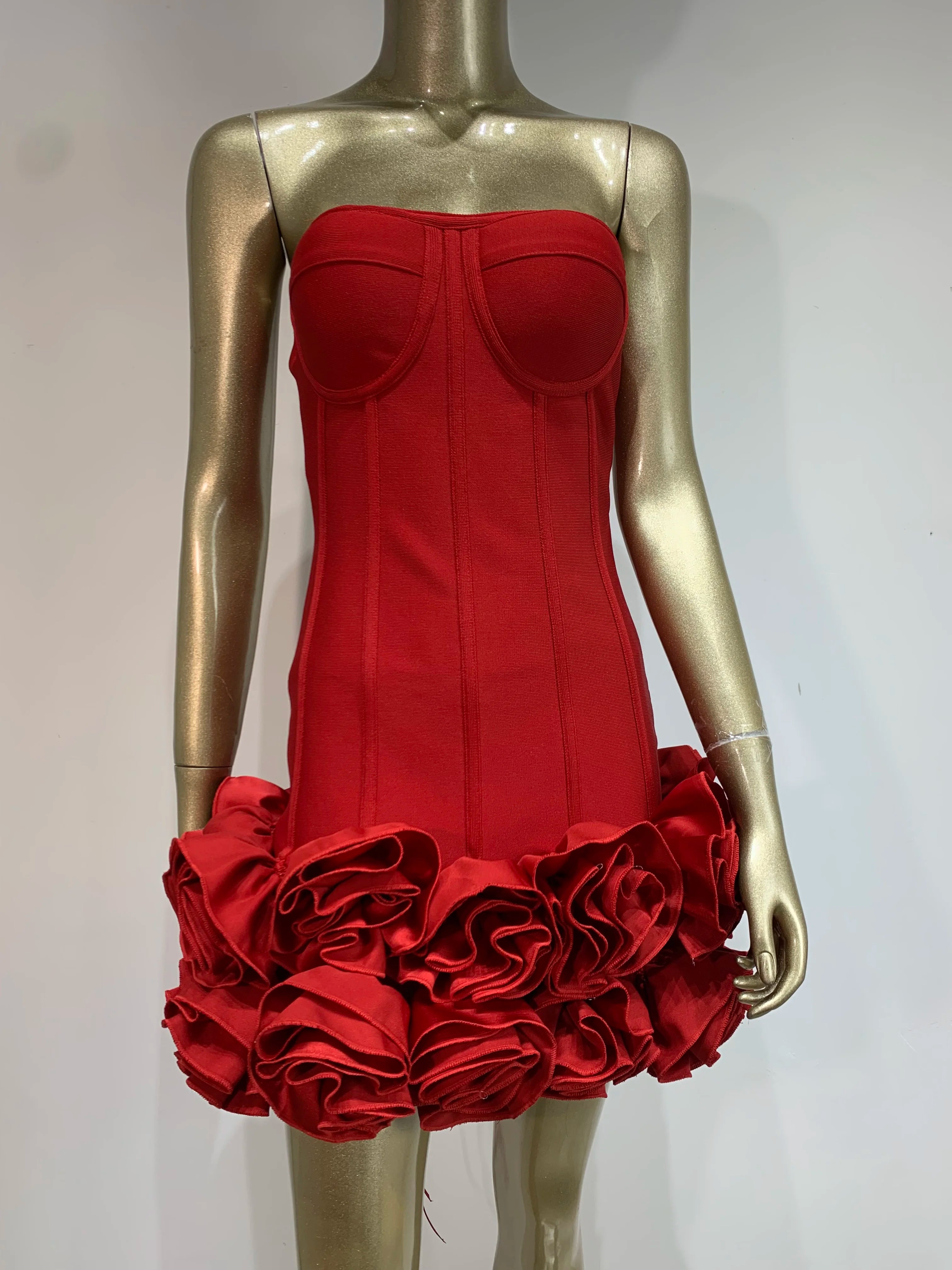 Strapless Backless Red Floral Mini Bandage Dress VestiVogue