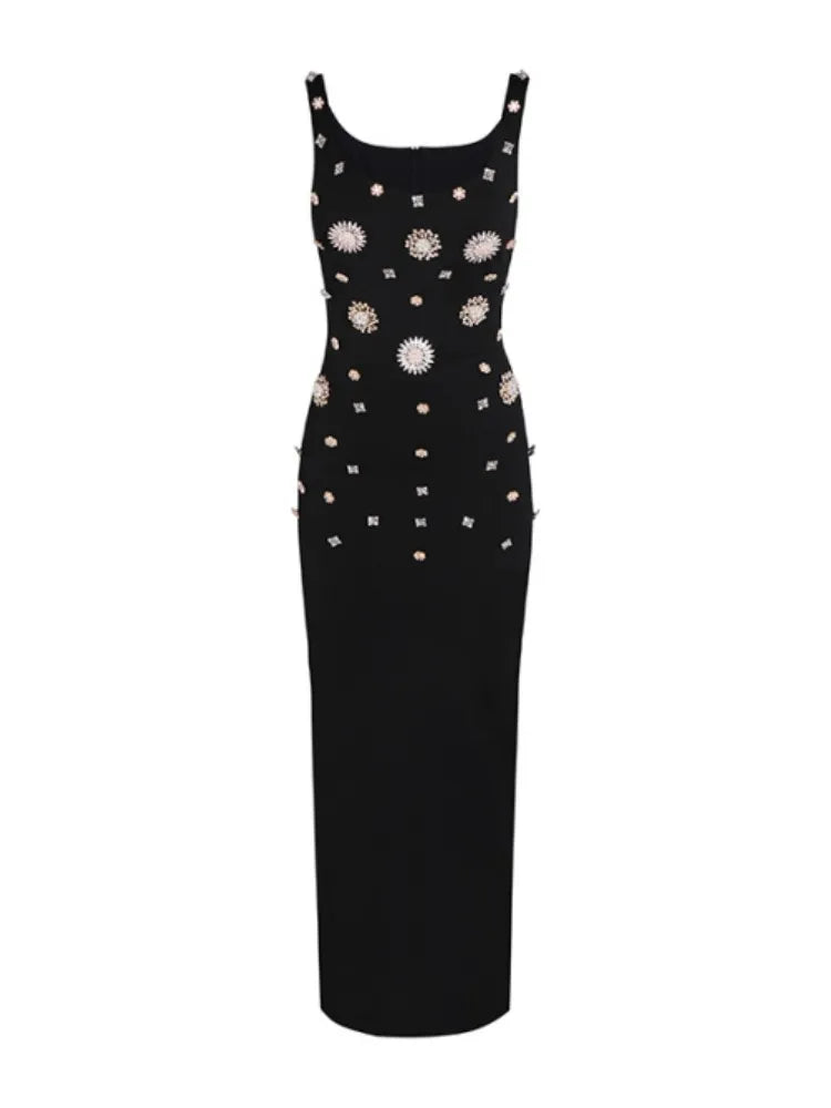 Black Crystal Diamond Maxi Bandage Dress VestiVogue