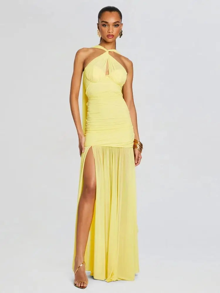 Women’s Sleeveless Yellow Mesh Ruched Maxi Dress VestiVogue  