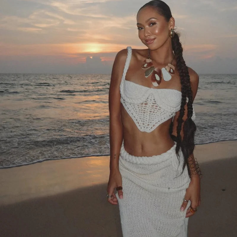 Knitted Sling Top & High-Waist Skirt Set VestiVogue